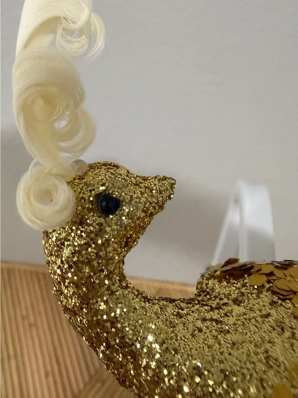 3 Kurt Adler Phoenix Clip-On Ornaments Gold Glitter Body & White Feather Tail